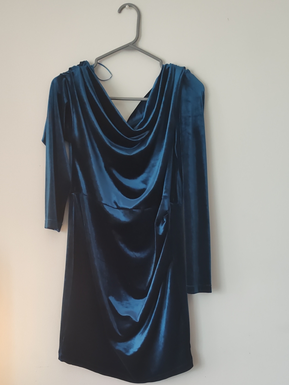 Dynamite Teal Blue Velvet Drape Long Sleeve Dress